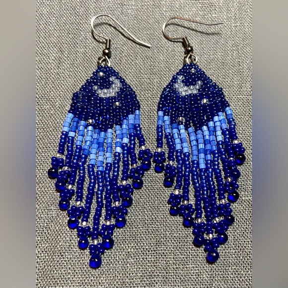 Hand Crafted Jewelry - Cobalt Blue with Glow in the Dark Moon Beaded Earrings